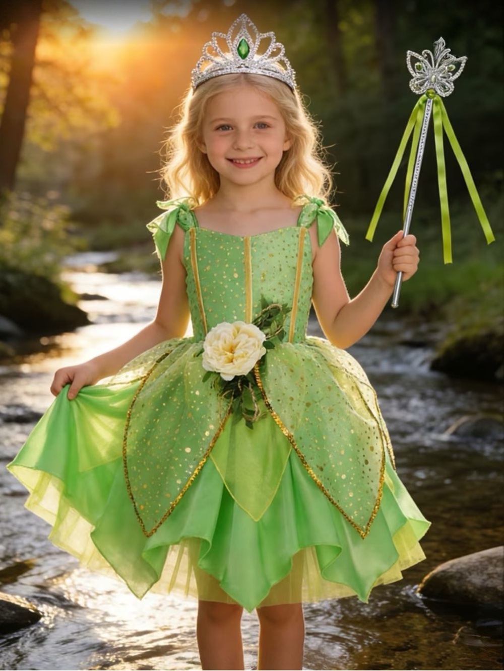 Green Fairy Princess Costume Dress with Tiara and Wand